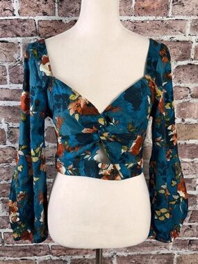 Floral Teal Twist-Front Long Sleeve Crop Blouse